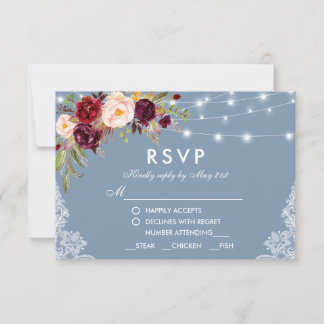 Cartão RSVP Dusty Blue Burgundy Luzes Florais Refeição de Casa