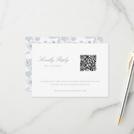 Cartão RSVP Dusty Blue Chinoiserie Floral Casamento QR Code