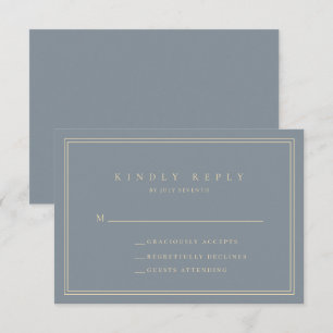 Cartão RSVP Dusty Blue-Cinza e Dourado Casamento Minimalista M