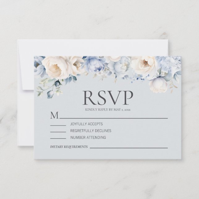 Cartão RSVP Dusty Blue Cream White Floral Casamento (Frente)