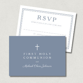 Cartão RSVP Dusty Blue Cross Boy First Holy Communion 