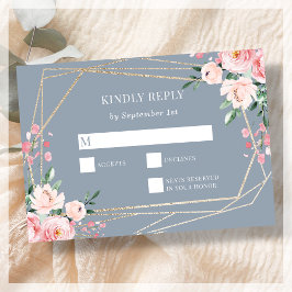 Cartão RSVP Dusty Blue | Dourado | Floral Casamento Rosa Choqu