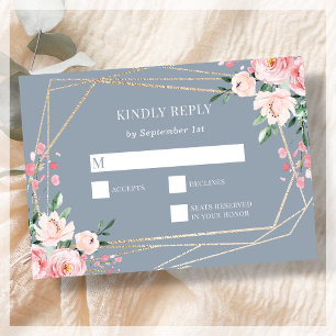 Cartão RSVP Dusty Blue   Dourado   Floral Casamento Rosa Choqu