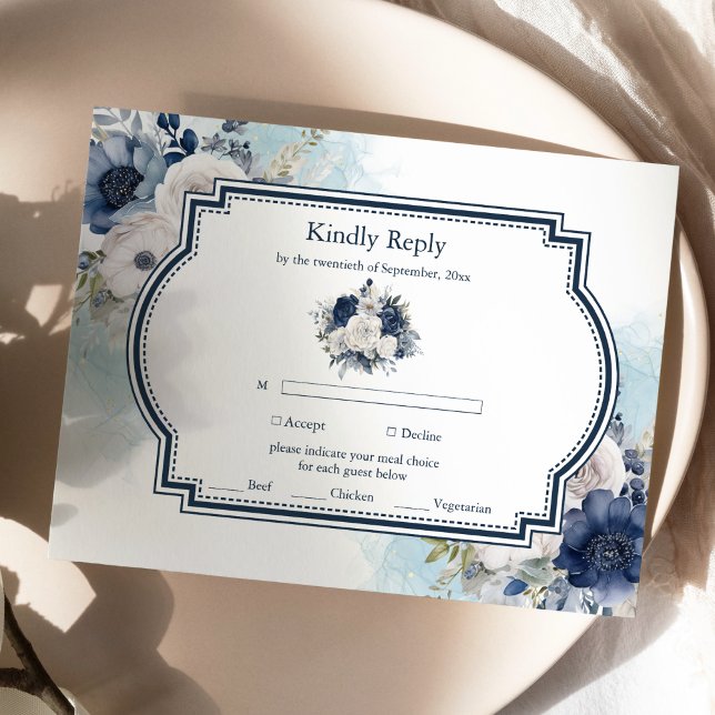 Cartão RSVP Dusty Blue e Marinho Floral Elegante Casamento (Criador carregado)
