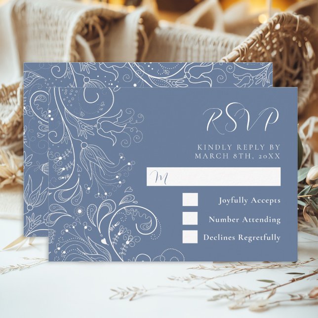 Cartão RSVP Dusty Blue Elegant Floral Wedding (Criador carregado)
