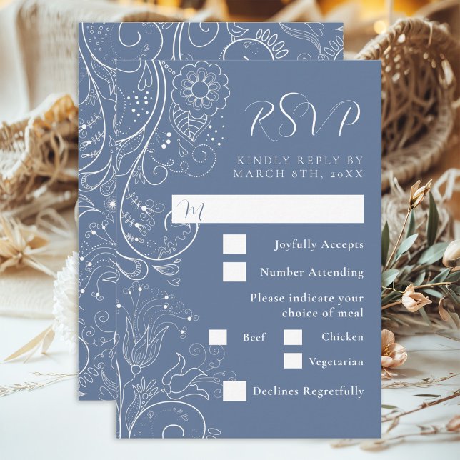Cartão RSVP Dusty Blue Elegant Floral Wedding Escolha (Criador carregado)