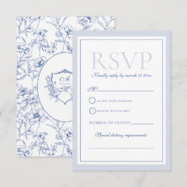Cartão RSVP Dusty Blue Elegant Vintage Rosas Crest Casamento