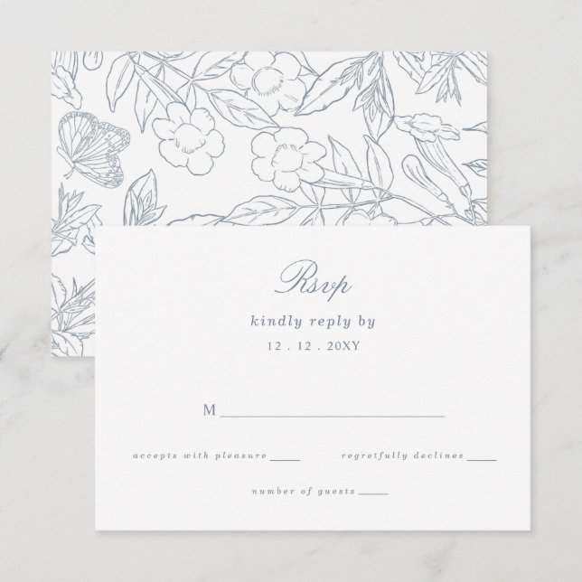 Cartão RSVP Dusty Blue Floral Crest Monograma Casamento (Frente/Verso)
