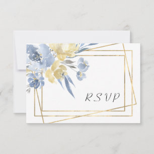Cartão RSVP Dusty Blue Floral Frame Dourado Geométrico Casamen