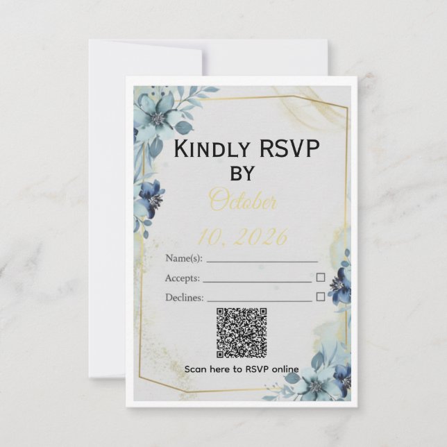 Cartão RSVP Dusty Blue Floral Gold Geometric Wedding Suite (Frente)