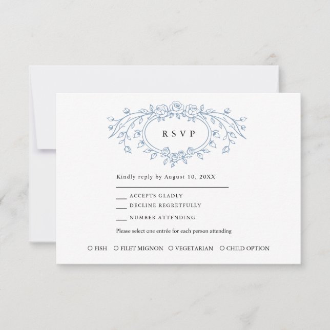 Cartão RSVP Dusty Blue Floral Line Art Wedding  (Frente)