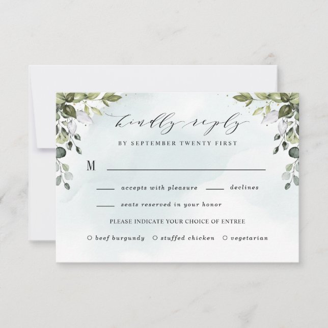 Cartão RSVP Dusty Blue Greenery com Casamento Boho de Meal Cho (Frente)