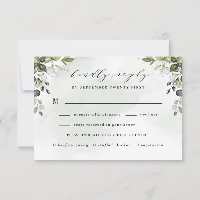 Cartão RSVP Dusty Blue Greenery com Casamento Boho de Meal Cho (Frente)