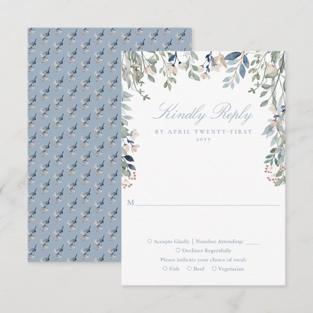 Cartão RSVP Dusty Blue Greenery Floral Flordias Casamento (Frente/Verso)