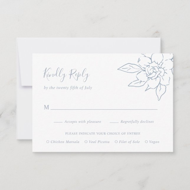 Cartão RSVP Dusty Blue Line Art Floral Elegant Weding (Frente)