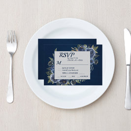 Cartão RSVP Dusty Blue Marinho Champagne Casamento de Marfim