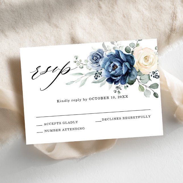 Cartão RSVP Dusty Blue Marinho Champanhe Ivory Floral Casament (Dusty Blue Navy Champagne Ivory Floral Wedding RSVP Card)