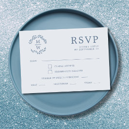 Cartão RSVP Dusty Blue Monograma Wreath Wedding