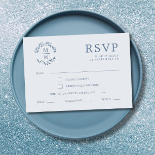 Cartão RSVP Dusty Blue Monograma Wreath Wedding