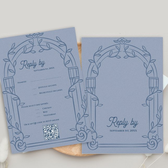 Cartão RSVP Dusty Blue Ornate Arch Botanical Wedding Reply  (Dusty Blue Ornate Arch Botanical Wedding RSVP Card with QR Code | Elegant Wedding Reply Card)