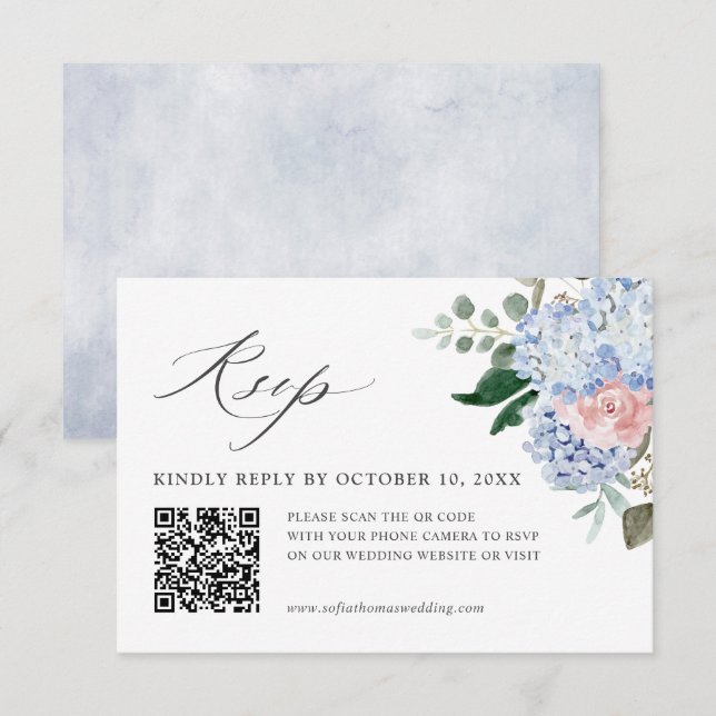 Cartão RSVP Dusty Blue Pastel Pink hydrangea Floral Casamento  (Frente/Verso)