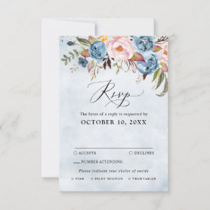Cartão RSVP Dusty Blue Peach Blush Botanical Floral Casamento
