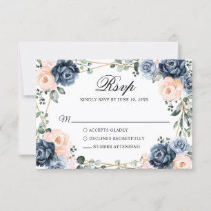 Cartão RSVP Dusty Blue Peach Blush Casamento Geométrico Floral