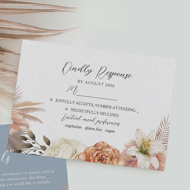 Cartão RSVP Dusty Blue Peach Floral Wedding (Criador carregado)