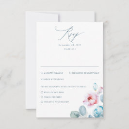 Cartão RSVP Dusty Blue Pink Flowers Elegante Casamento Sonhoso