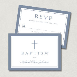 Cartão RSVP Dusty Blue Religious Cross Boy Baptism 