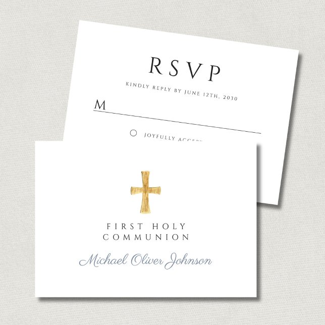 Cartão RSVP Dusty Blue Religious Cross Boy First Communion (Dusty Blue Religious Cross Boy First Communion RSVP Card)