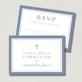 Cartão RSVP Dusty Blue Religious Cross Boy First Communion 