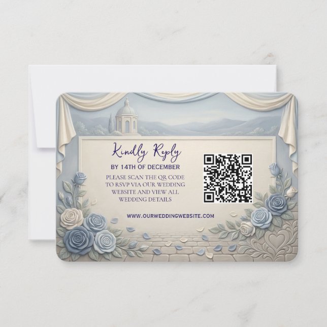 Cartão RSVP Dusty Blue Rose Romantic Wedding QR Code  (Frente)