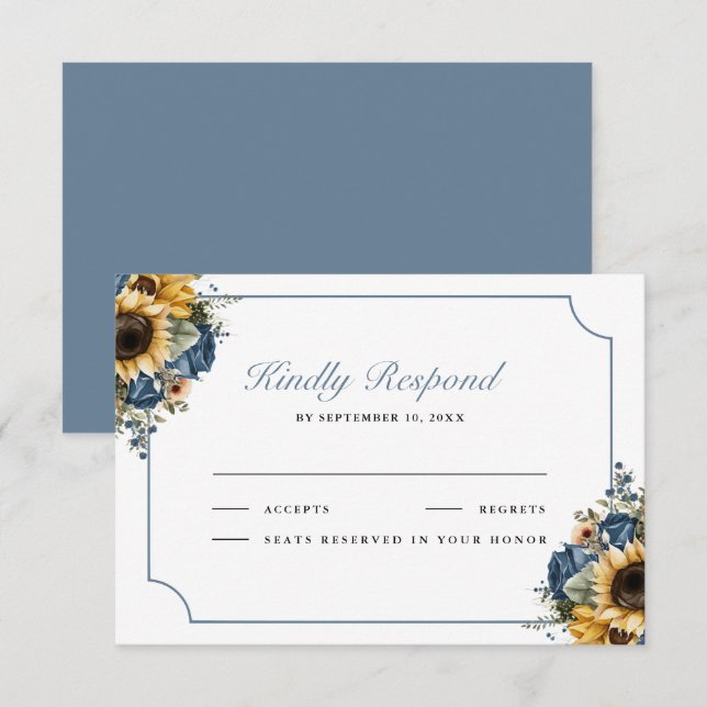 Cartão RSVP Dusty Blue Roses Sunflowers Wedding (Frente/Verso)