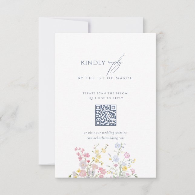 Cartão RSVP Dusty blue Script Floral Wildflower QR Code (Frente)