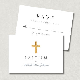 Cartão RSVP Dusty Blue Script Religioso Cross Boy Baptism