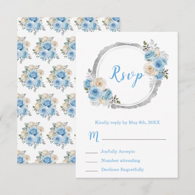 Cartão RSVP Dusty Blue Silver Elegant Flowers Sweet Sixteen (Frente/Verso)