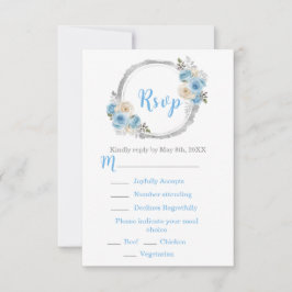 Cartão RSVP Dusty Blue Silver Elegant Flowers Sweet Sixteen