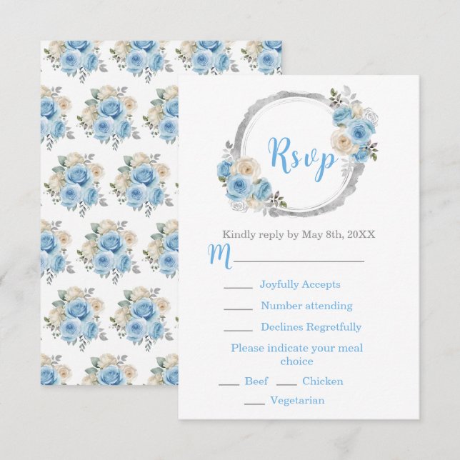 Cartão RSVP Dusty Blue Silver Elegant Flowers Sweet Sixteen (Frente/Verso)
