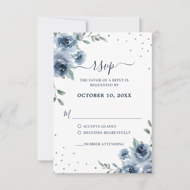 Cartão RSVP Dusty Blue Slate Floral Botânico Casamento Chic (Frente)