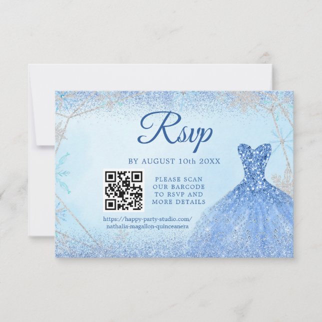 Cartão RSVP Dusty Blue Snowflake Natal Quinceañera 15 QR (Frente)