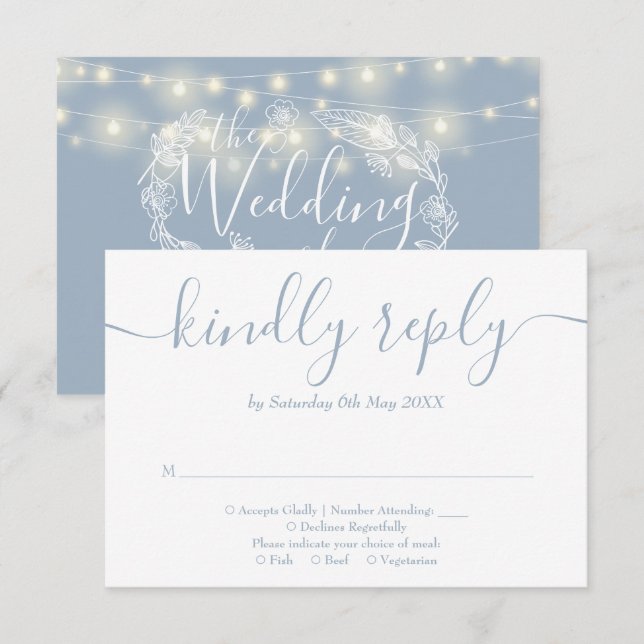 Cartão RSVP Dusty Blue String Lights Floral Weding (Frente/Verso)