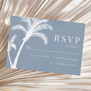 Cartão RSVP Dusty Blue Tropical Palm Tree Beach Weding