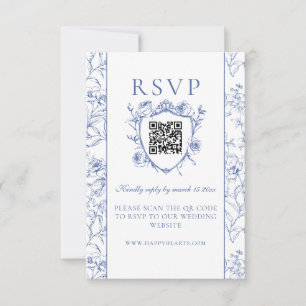 Cartão RSVP Dusty Blue Vintage Rosas Crest Casamento Código QR