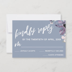 Cartão RSVP Dusty Blue Watercolor Flowers Manuscrito Casamento