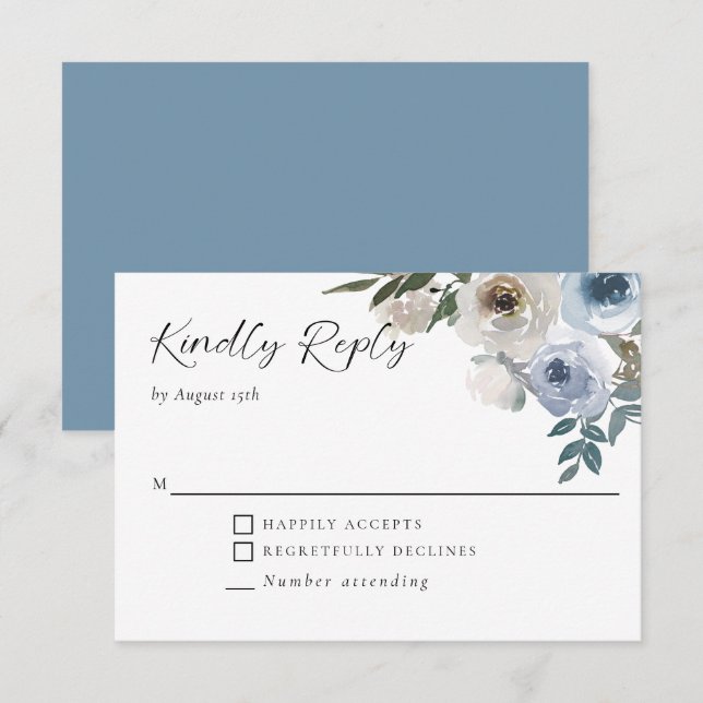 Cartão RSVP Dusty Blue Wedding Floral Elegante gentilmente Res (Frente/Verso)