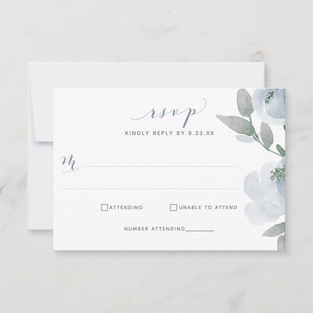 Cartão RSVP Dusty Blue Wedding Watercolor Floral Suave (Frente)