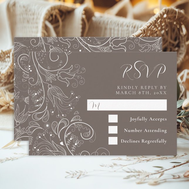 Cartão RSVP Dusty Brown Elegant Floral Wedding (Criador carregado)