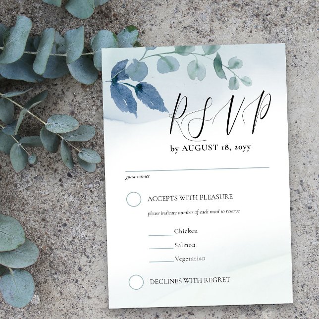 Cartão RSVP Dusty Eucalyptus Watercolor Foliage Entrée Choices (RSVP with entrée options from my Dusty Eucalyptus Wedding Collection)