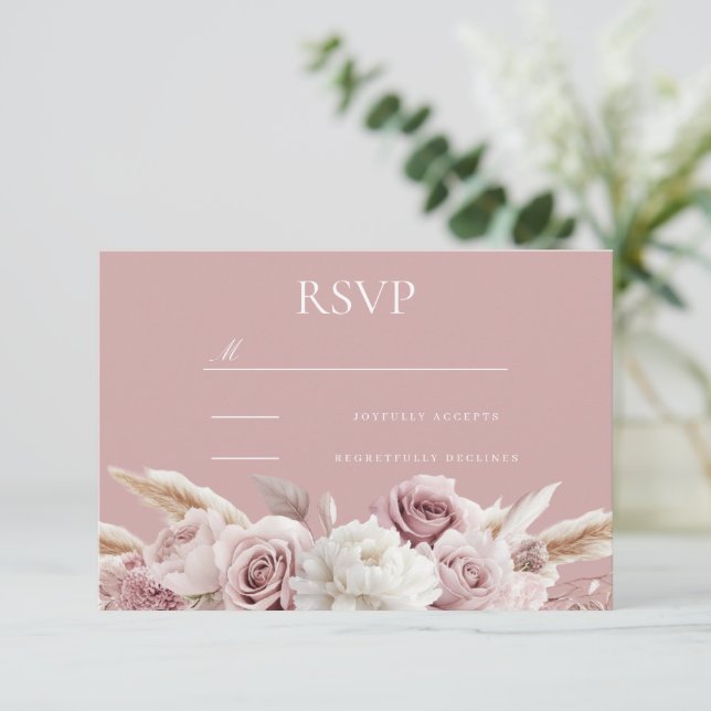 Cartão RSVP Dusty Pink e Blush Rosa Floral Casamento (Em pé/Frente)